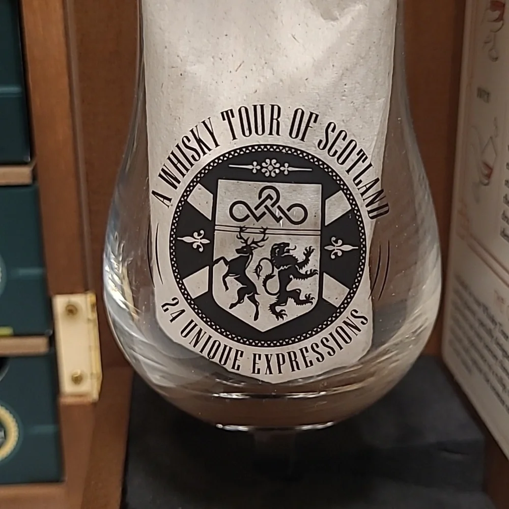 Whiskey Tour of Scotland Collector Wooden Box with a Pair of Whiskey Glasses